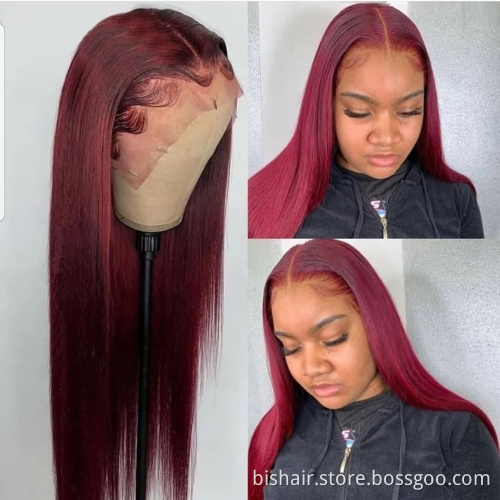 Brazilian 99J Bone Straight Human Hair Wine Red Transparent Lace Closed 13X4X1Straight Lace Former Human Hair Wig Remy Wholesale